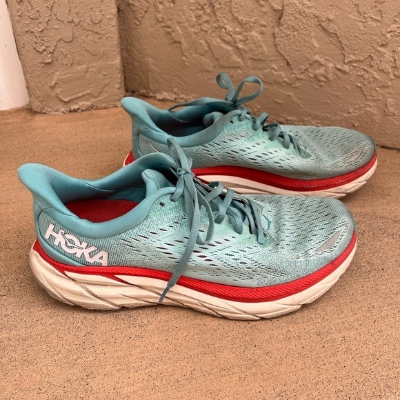 Hoka Shoes - HOKA CLIFTON 8 Aqua Blue Orange Women’s 9.5 D Sneaker Running Shoe Comfy